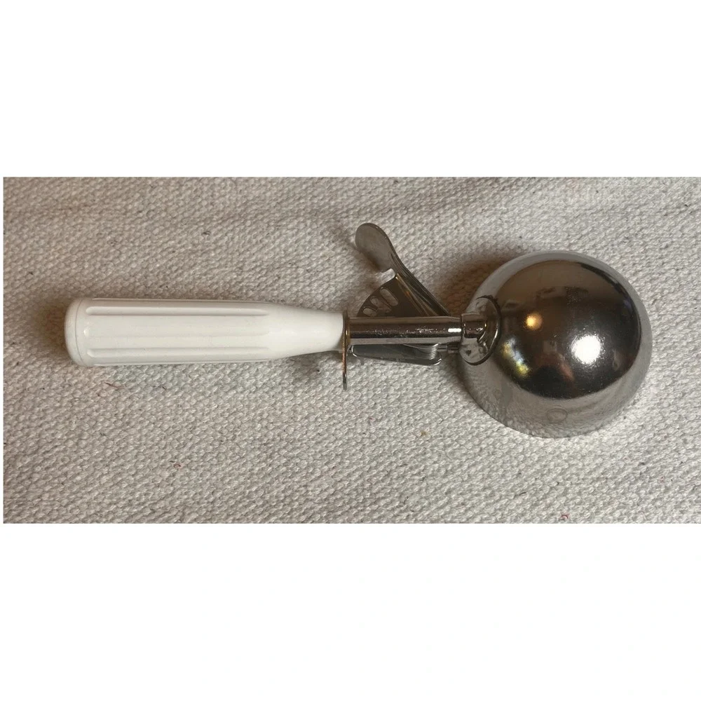 Vintage NSF #6 Stainless Steel Portion Scoop Disher White Handle